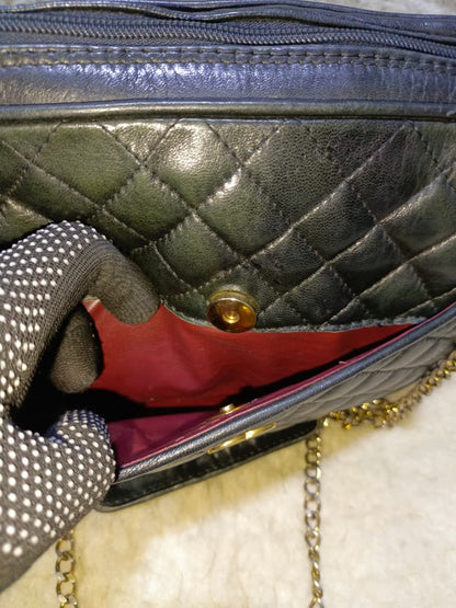 Black Quilted Lambskin Leather Crossbody Bag Gold Chain