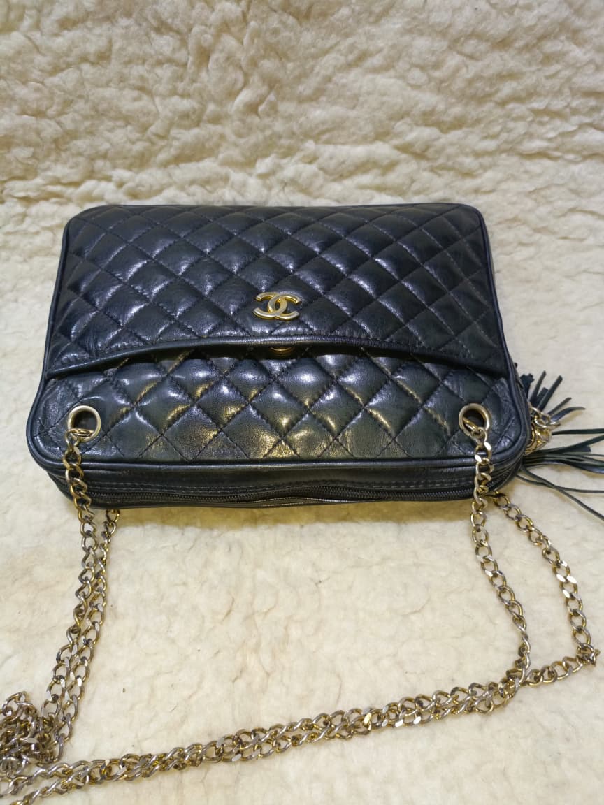 Black Quilted Lambskin Leather Crossbody Bag Gold Chain