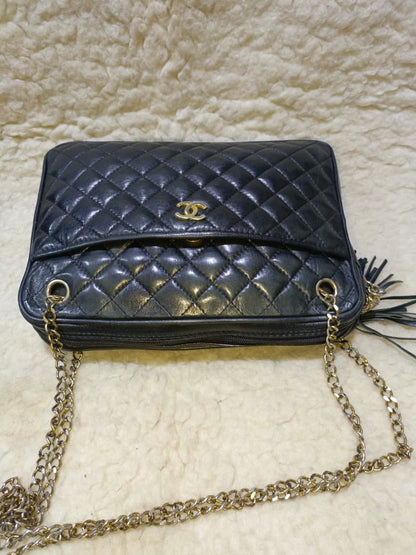 Black Quilted Lambskin Leather Crossbody Bag Gold Chain