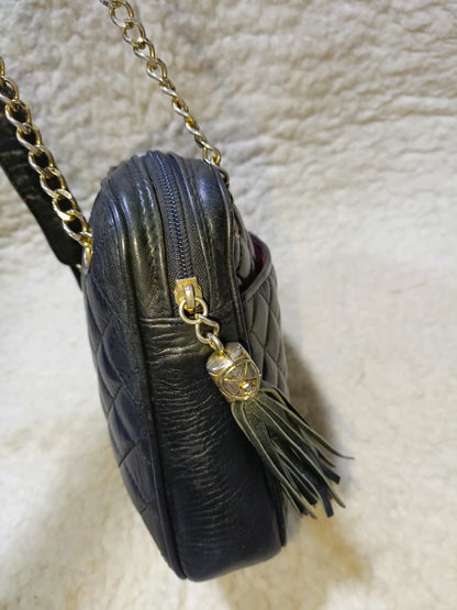 Black Quilted Lambskin Leather Crossbody Bag Gold Chain