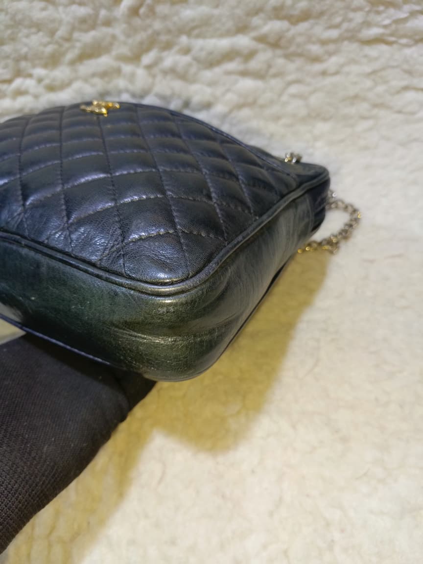 Black Quilted Lambskin Leather Crossbody Bag Gold Chain