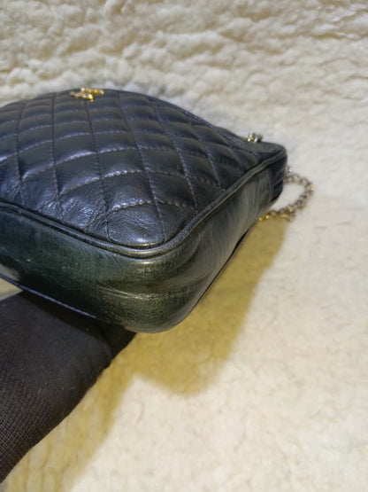 Black Quilted Lambskin Leather Crossbody Bag Gold Chain