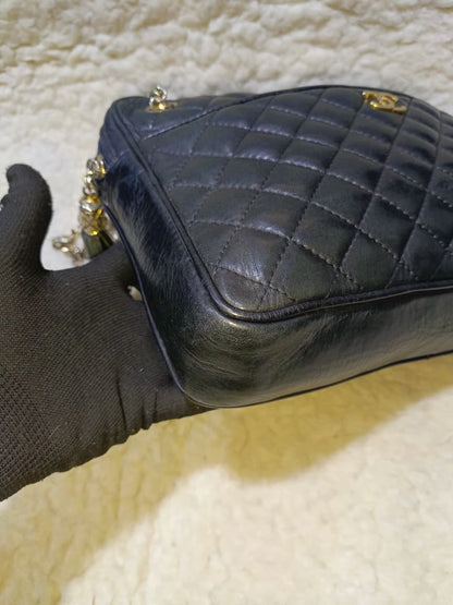 Black Quilted Lambskin Leather Crossbody Bag Gold Chain