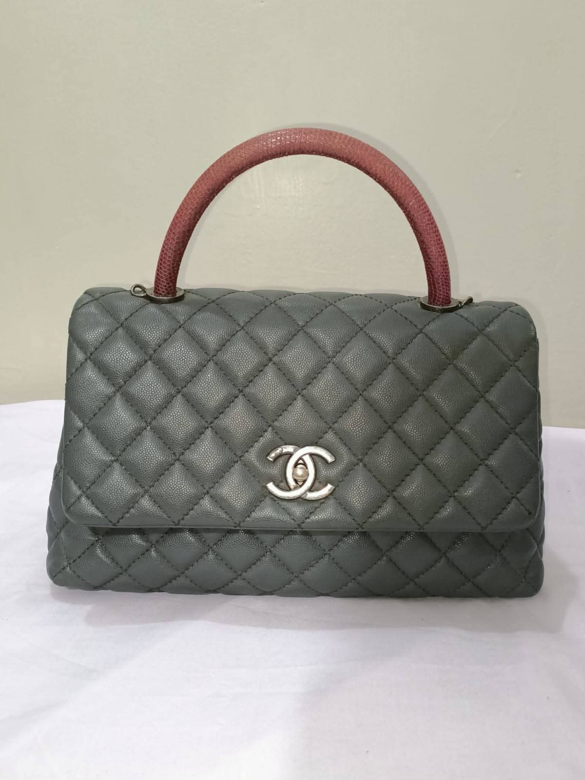 Grey Quilted Top Handle Shoulder Bag