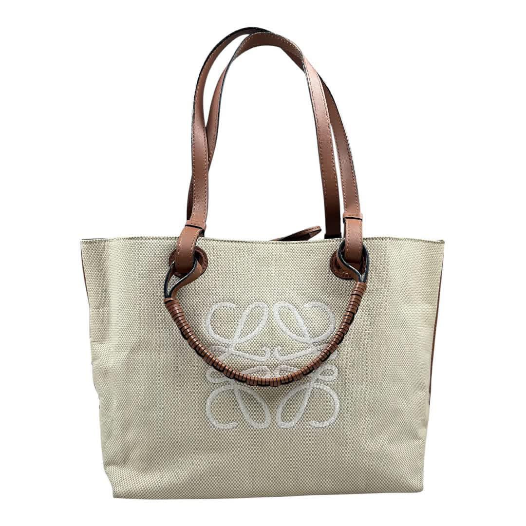 Loewe Anagram Canvas Tote Bag with Brown Leather Handles