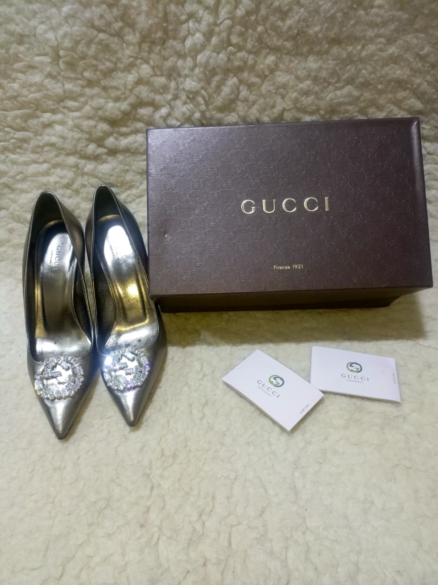 Gucci Silver Crystal GG Pointed Toe Leather Pumps