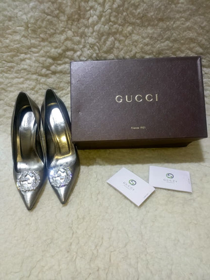 Gucci Silver Crystal GG Pointed Toe Leather Pumps