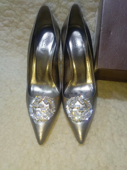 Gucci Silver Crystal GG Pointed Toe Leather Pumps