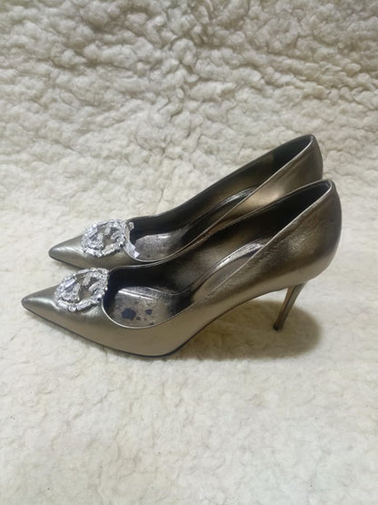 Gucci Silver Crystal GG Pointed Toe Leather Pumps