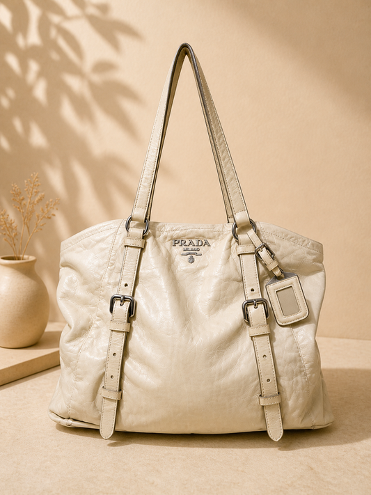 Prada Milano Ivory Leather Buckled Tote Bag | Pre-Loved