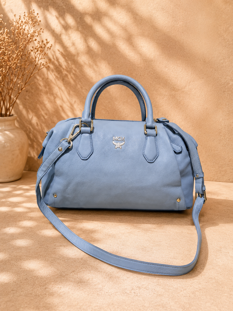 MCM Light Blue Leather Boston Bag with Shoulder Strap | Pre-Loved