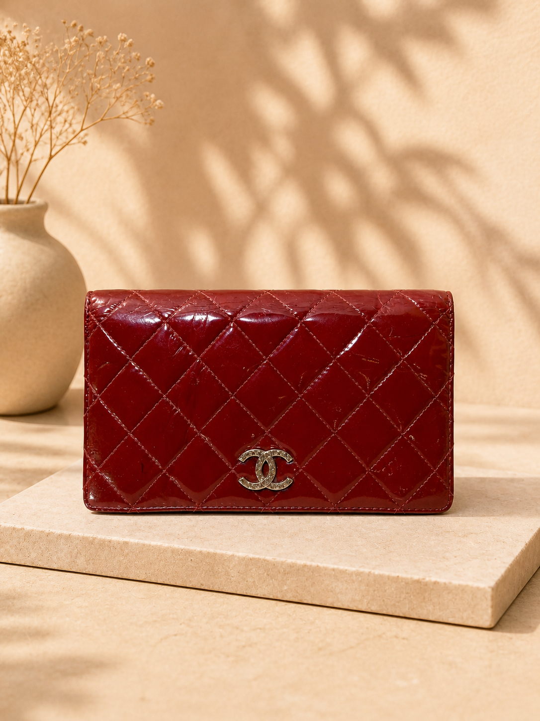 Chanel Red Quilted Patent Leather Long Wallet | Pre-Loved