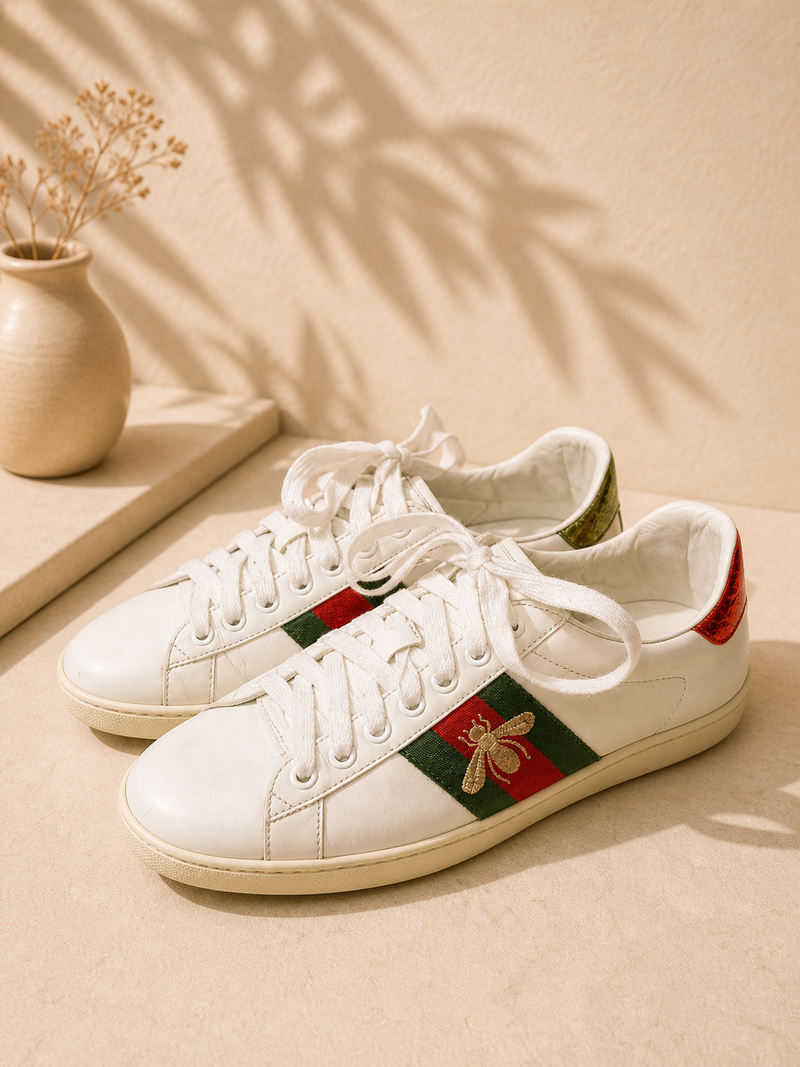 Gucci Ace White Leather Bee Sneakers with Web Stripe – Size 6 | Pre-Loved