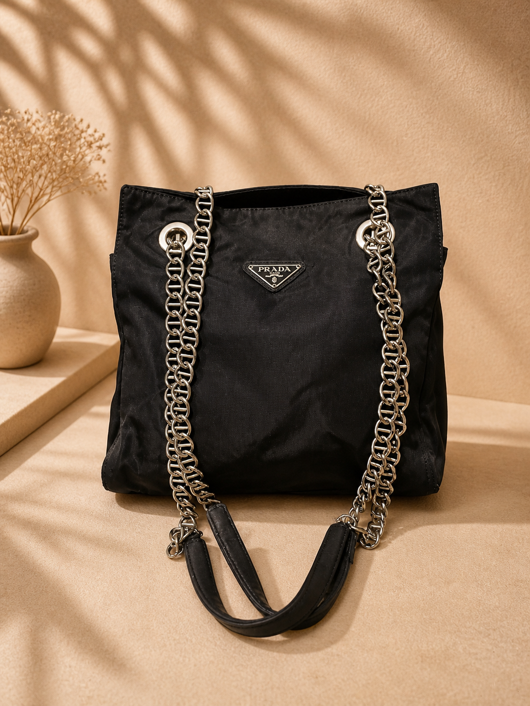 Prada Navy Nylon Chain Handle Tote | Pre-Loved