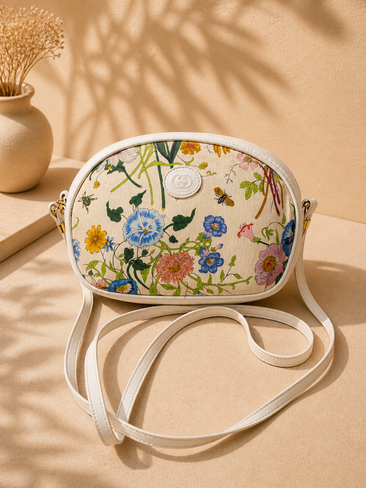 Gucci Flora Print White Leather Crossbody Bag | Pre-Loved