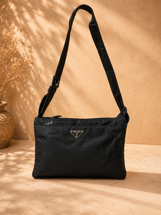 Prada Nylon Shoulder Bag in Black with Adjustable Strap | Pre-Loved